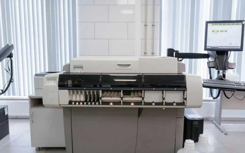 A high-tech office setup featuring a printer and computer workstation ready for productivity.