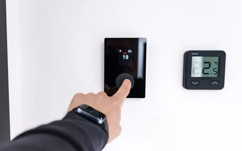 A hand adjusting a digital thermostat in a modern home interior, showcasing smart home technology.