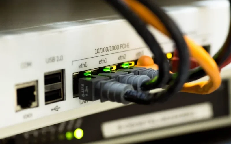 Detailed close-up of ethernet cables and network connections on a router, showcasing modern technology.