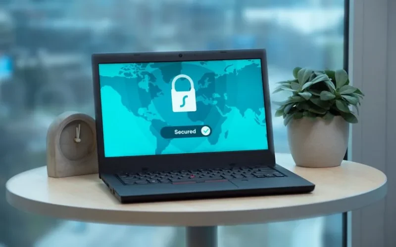 Laptop displaying a security lock icon on a table with a potted plant and clock.