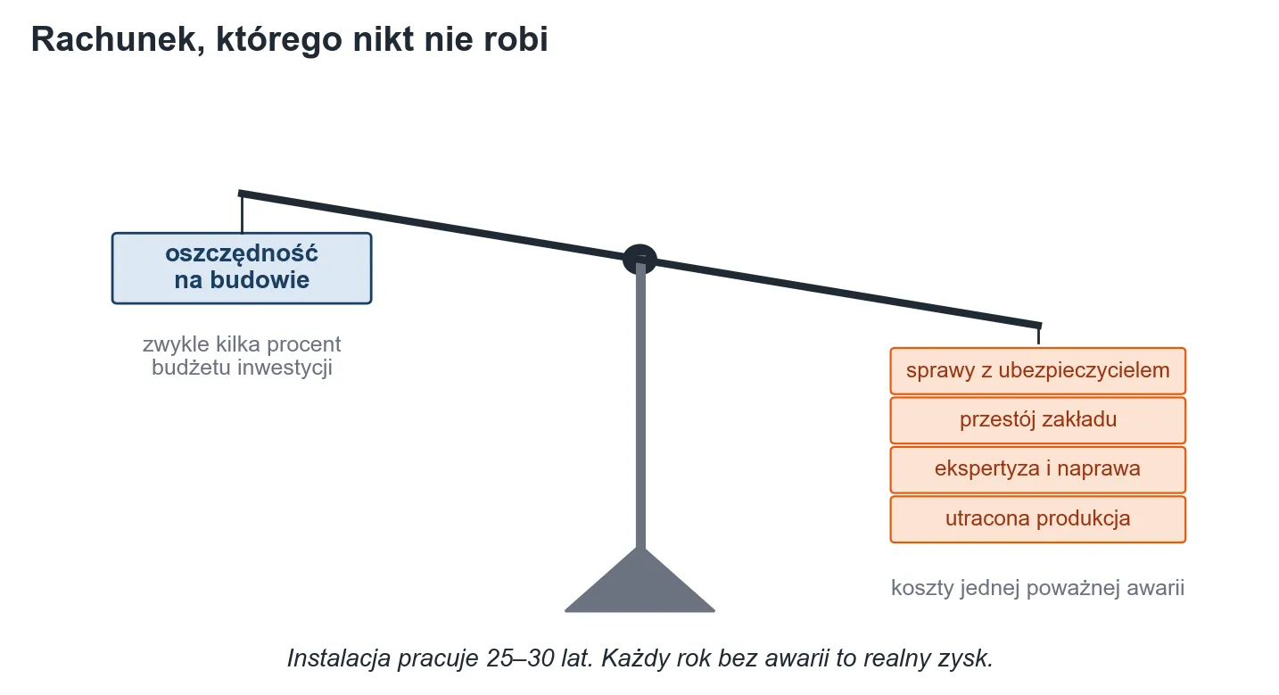 Infografika w formie wagi: kilka procent oszczędności na budowie instalacji PV przeważają koszty jednej poważnej awarii - utracona produkcja, ekspertyza i naprawa, przestój zakładu, sprawy z ubezpieczycielem.