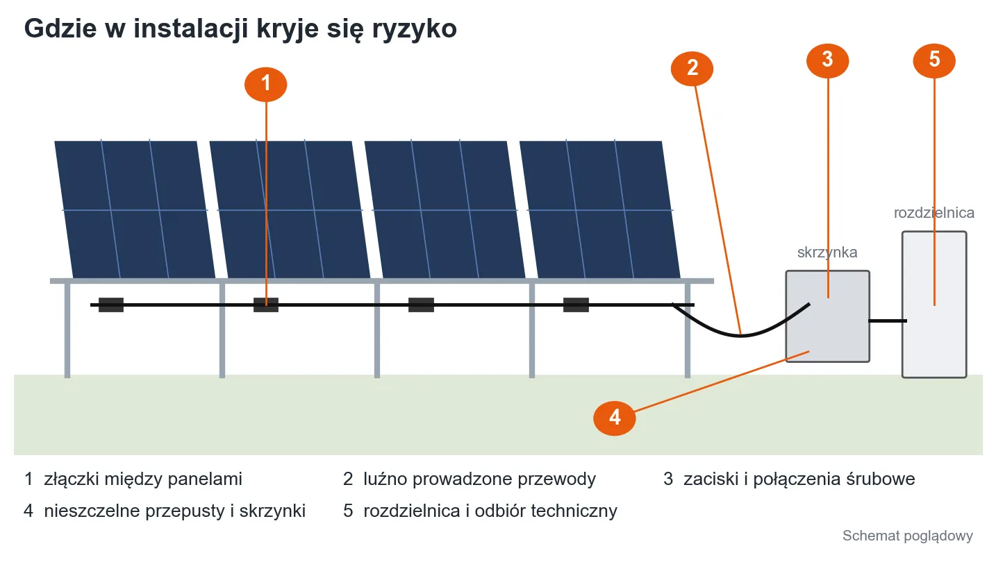 Schemat instalacji fotowoltaicznej z zaznaczonymi pięcioma miejscami ryzyka pożarowego: złączki między panelami, luźno prowadzone przewody, zaciski i połączenia śrubowe, nieszczelne przepusty i skrzynki, rozdzielnica i odbiór techniczny.