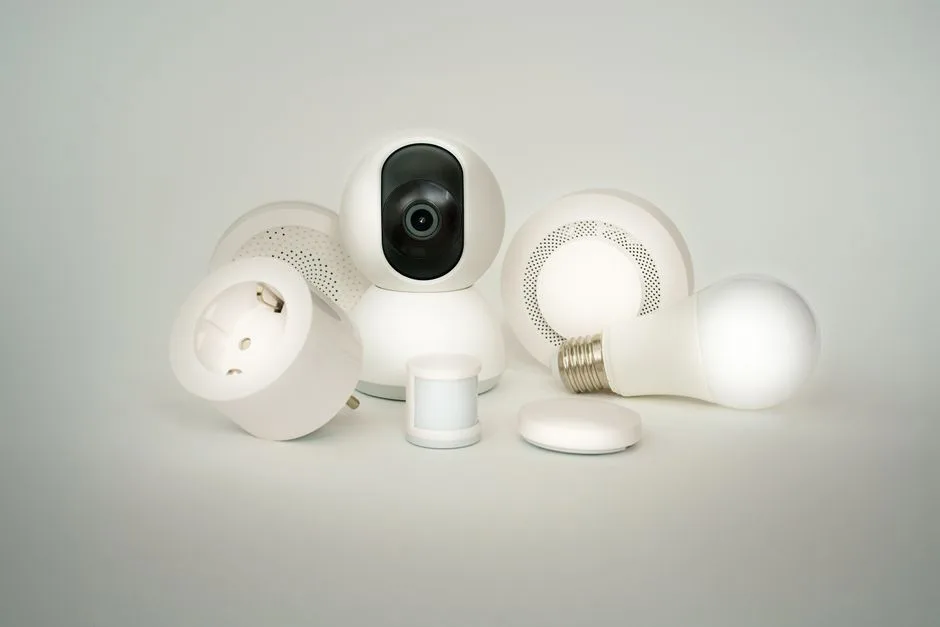 A collection of smart home devices including bulbs, sockets, and cameras on a white backdrop.