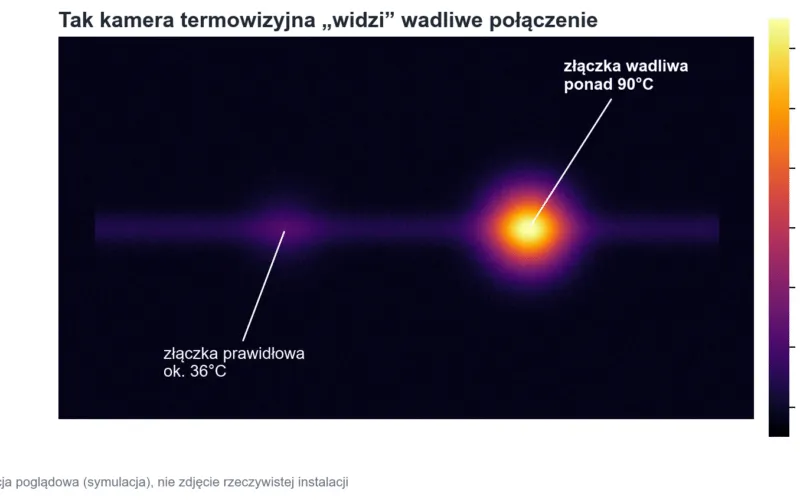Poglądowy obraz z kamery termowizyjnej: prawidłowa złączka przewodu fotowoltaicznego ma ok. 36°C, a wadliwa złączka przegrzewa się do ponad 90°C.
