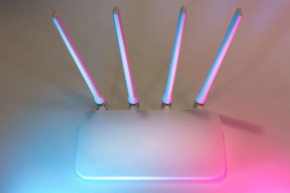 Biały router bezprzewodowy z czterema antenami emitującymi niebieskie i różowe światło